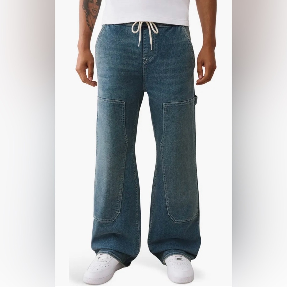 NWT True Religion Vinny Denim Carpenter Pants Medium Wash Wide Leg Size 36